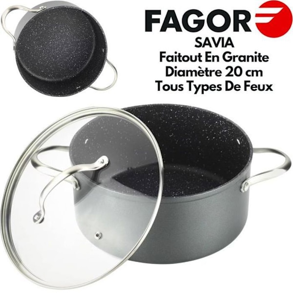 Fagor SAVIA 20 Gryta i Granit, Diameter 20 cm, Med Glaslock, Gryta i Hamrat Aluminium