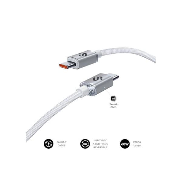 USB-C til USB-C kabel - SUBBLIM - 2 m - 60 W - Vævet nylon - Hvid - Kompatibel med iPhone/Samsung/MacBook