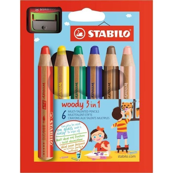 Färgpennor - STABILO - Woody 3 i 1 - Set om 6 - Pennvässare ingår - 10 mm bly Rött och mångfärgat