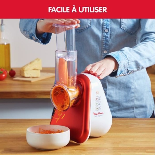 MOULINEX Fresh Express Sähkövihannesleikkuri, 3-in-1 raastin, Värilliset kartiot, Iso kouru, Valmistettu Ranskassa DJ753510