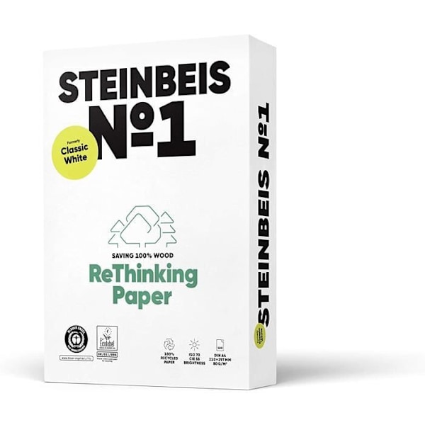 Paket av 100 % återvunnet papper, STEINBEIS N°1 CLASSICWHITE, naturlig färg, 80g, A4