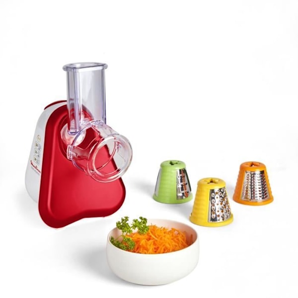 MOULINEX Fresh Express Sähkövihannesleikkuri, 3-in-1 raastin, Värilliset kartiot, Iso kouru, Valmistettu Ranskassa DJ753510 Punainen