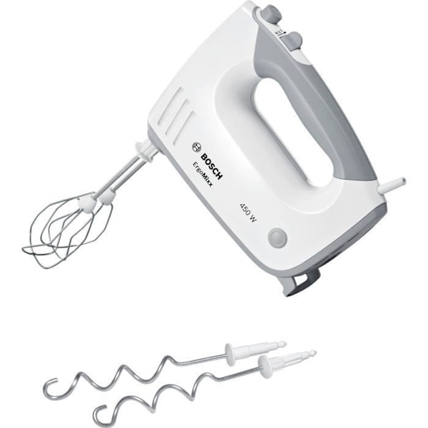 Batteur ErgoMixx 450 W - BOSCH MFQ36400 hvid/grå - 5 hastigheder + turbo - 2 rustfrie piskeris - 2 rustfrie dejkroge -