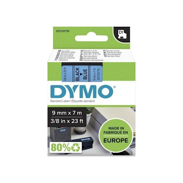DYMO LabelManager tapekassette D1 9mm x 7m Sort/blå (kompatibel med LabelManager og LabelWriter Duo)