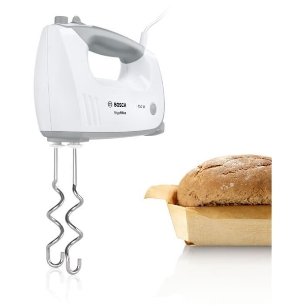 Batteur Bosch - MFQ36440 - 450 W - 5 hastigheder - 2 piskere / 2 dejkroge i rustfrit stål - Graduering skål med låg - Hvid / Grå vitt och grått