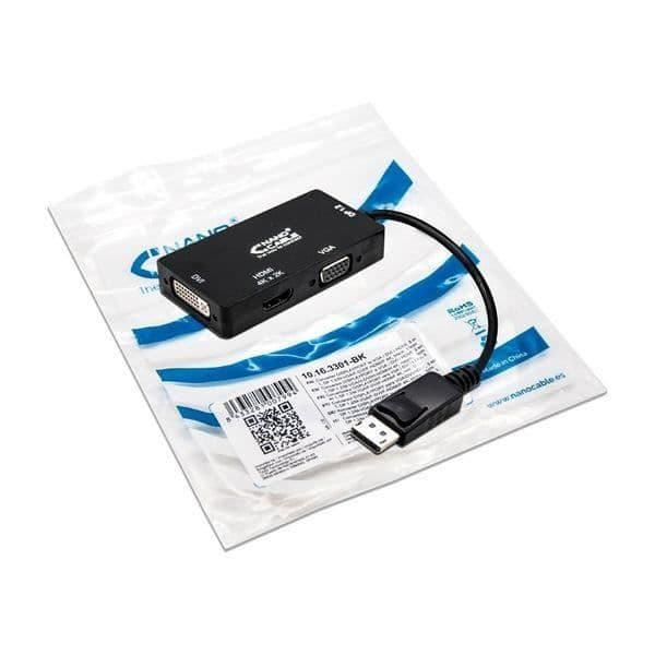 NANOCABLE 10.16.3301-BK 3-i-1 DisplayPort til VGA/DVI/HDMI Adapter Sort