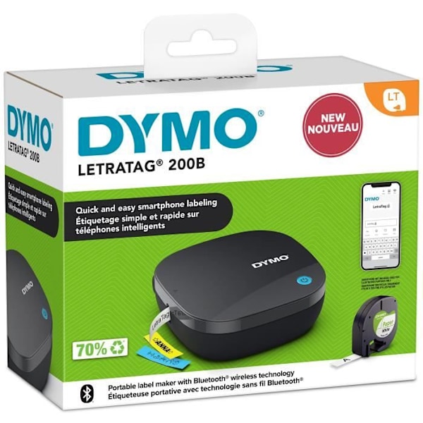 DYMO LetraTag 200B Compact Bluetooth Label Maker, nopea ja helppo etiketöinti älypuhelimeen langattomalla tekniikalla SVART