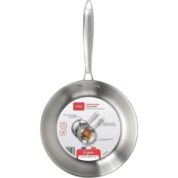 Brigade - Stegepande i rustfrit stål 24 cm - LIVOO - MEP158 - Triply rustfrit stål - Alle varmekilder inklusive induktion - Fremstillet i Frankrig