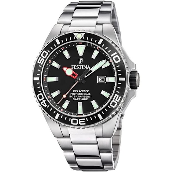 Ur - FESTINA - Diver Professional F20663/3 - Vandtæt 10 ATM - Sort Sølv Stål Pengar