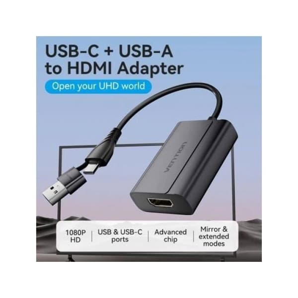 Adapter Vention ACYHB USB-C Han + USB-A Han til HDMI Hun 1080P Grå 0.15m