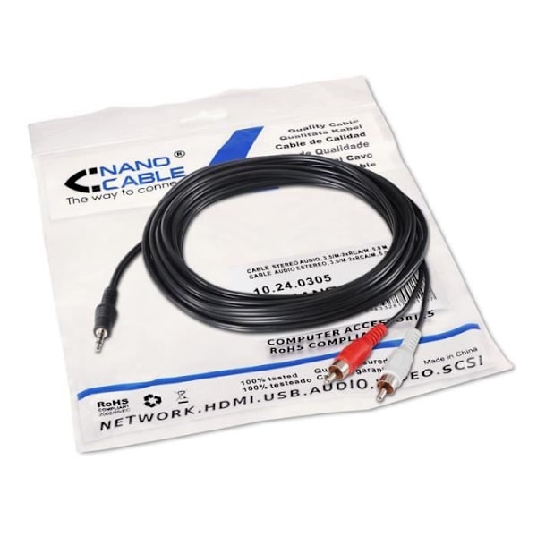 Nanokabel 10.24.0305 lydkabel - 3,5 mm han - 2 x RCA han - 5 m - Sort