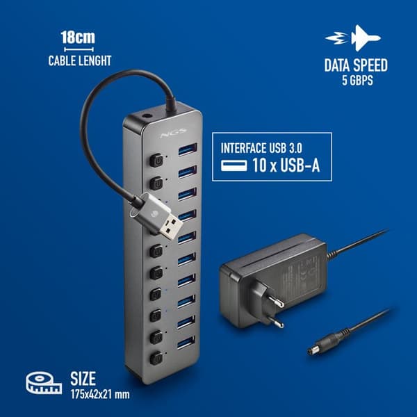 NGS IHUB 10 : Hub 10 porter USB 3.0, overførsel 5Gbps, kabel 180mm, Plug & Play, sort