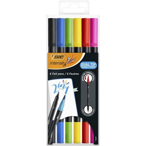 BIC INTENSITY (Dual Tip Coloring) - Kotelo x 6 kaksikärkistä kynää kalligrafiaan ja muistiinpanojen tekemiseen svart, blå, röd, grön, rosa, gul