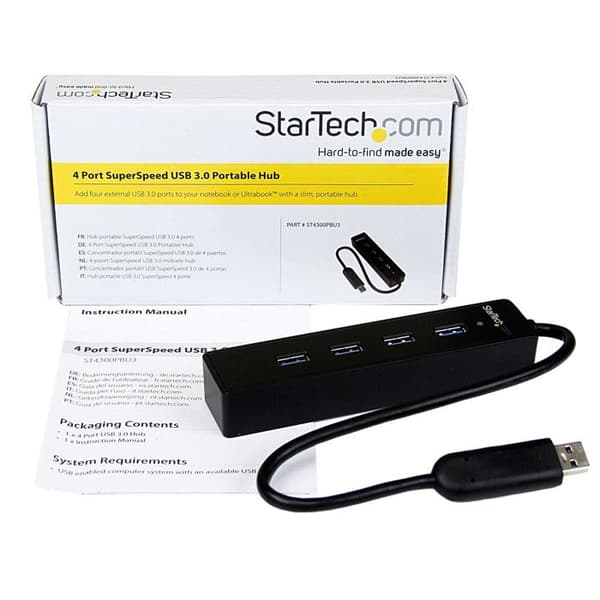 USB 3.0 Hub - StarTech.com - ST4300PBU3 - 4 porte - Indbygget kabel - Sort