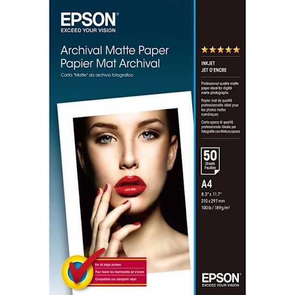 EPSON Archival Matte Paper på 50 ark - A4 189g/m² - 21x 29,7 cm - Hvid - Kompatibel: WorkForce Pro WF-C5790DWF ...