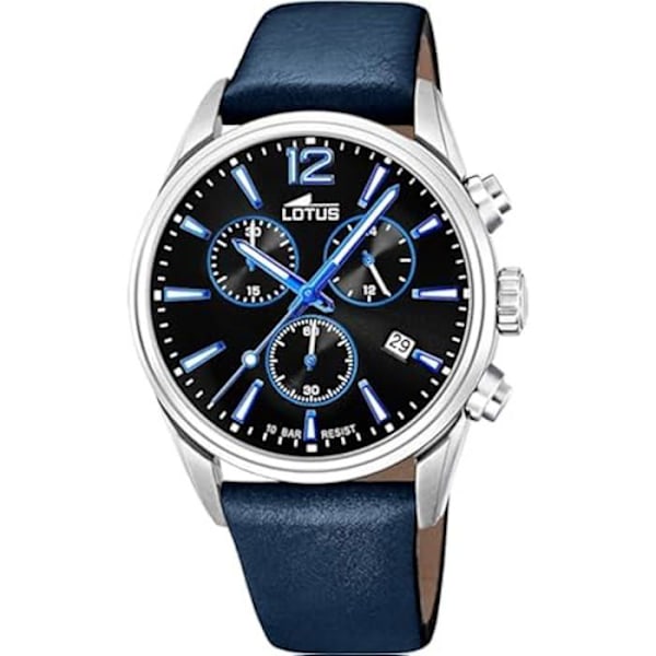 Herreur Lotus Chrono - Læderrem - Sort urskive - Vandtæt 10 ATM Silver