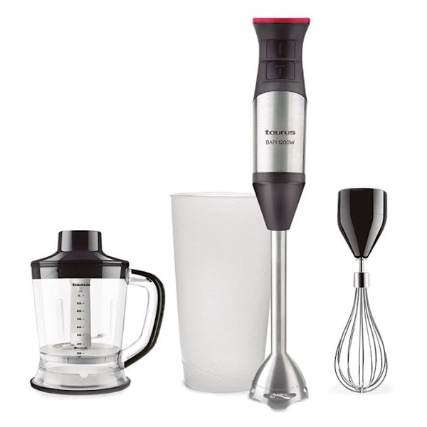 Taurus Bapi 1200 Plus Inox 3 in 1 600 W sauvasekoitin, 20 nopeutta + Turbo, 3 lisävarustetta, roiskenestojärjestelmä