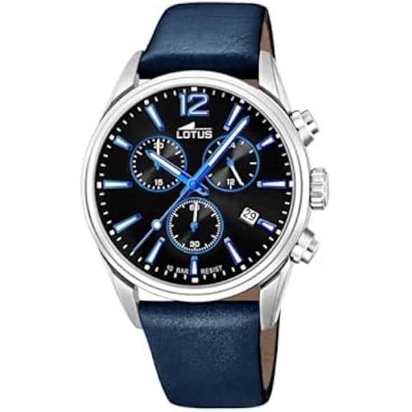 Herreur Lotus Chrono - Læderrem - Sort urskive - Vandtæt 10 ATM Silver