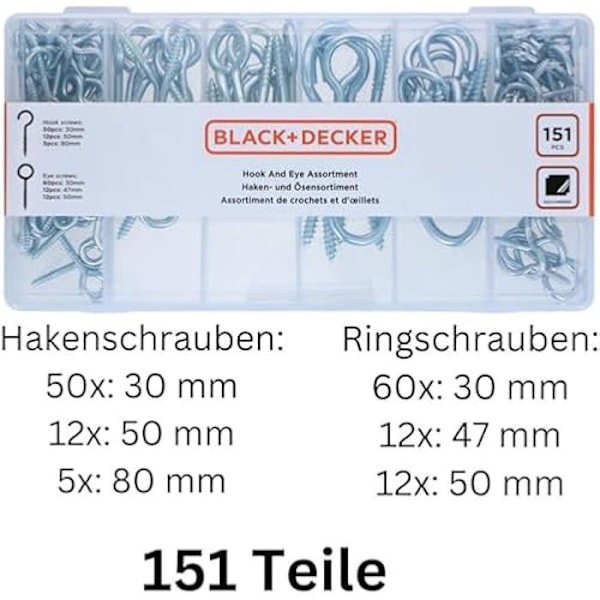 Krog- og ringskruer - Sort + Decker - Pakke med 151 styk - Galvaniseret