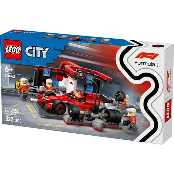 LEGO City 60443 F1 Pit Stop med Ferrari-bil - Leksak för pojkar från 6 år och uppåt röd svart