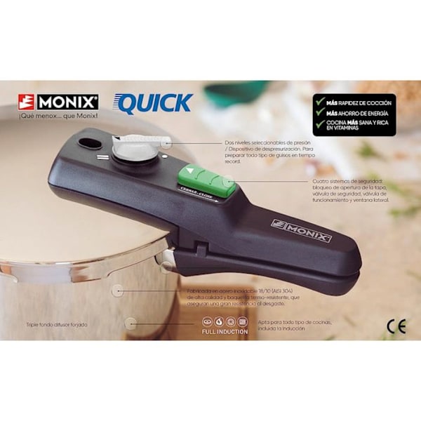 MONIX Quick | Trykkoger 9 L, Rustfrit Stål, med Tredobbelt Sikkerhedssystem og 2 Trykniveauer, Egnet til Alle Typer af Køkkener