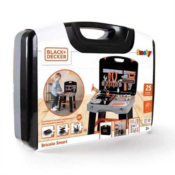 Smoby - Black and Decker -Bricolo Smart Workbench - Jäljitelmäpeli - Kotelo, joka muuttuu työpöydäksi - Mukana 33 lisävarustetta - Fa