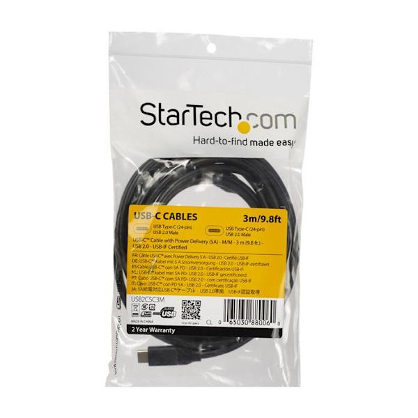 STARTECH USB-C til USB-C kabel - 3m - Strømforsyning 5A - USB-IF certificeret - Sort