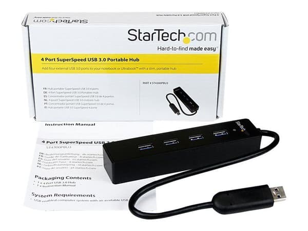 USB 3.0 Hub - StarTech.com - ST4300PBU3 - 4 porte - Indbygget kabel - Sort