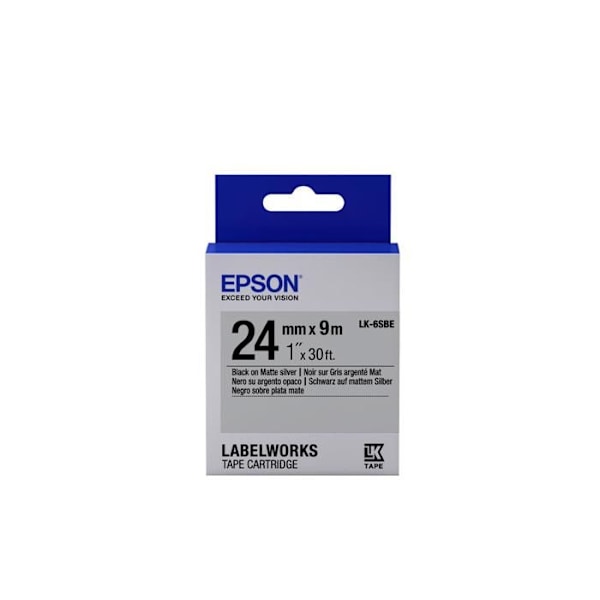 Etiketrulle - Epson - LK-6SBE - Sort på mat sølv - 2,4 cm x 9 m - Vandafvisende Sort på mat sølv