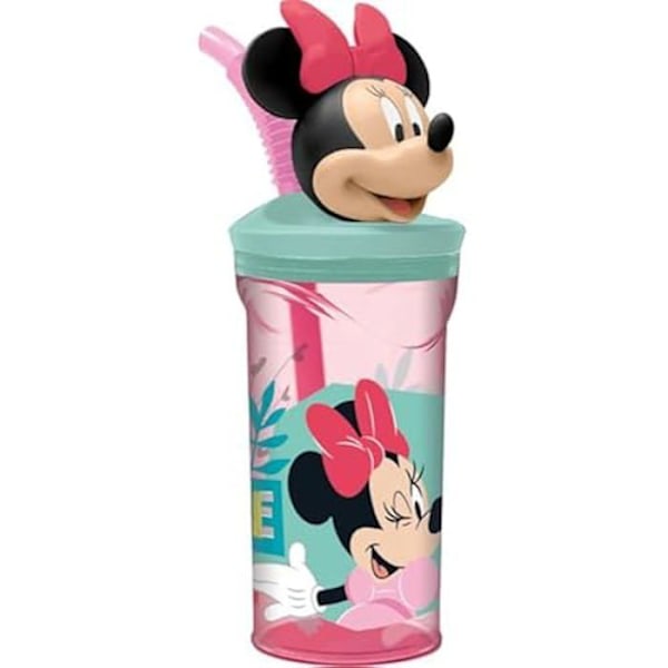Plastmugg - Disney - Minnie - 360 ml - Integrerat sugrör - 3D-figur Rosa