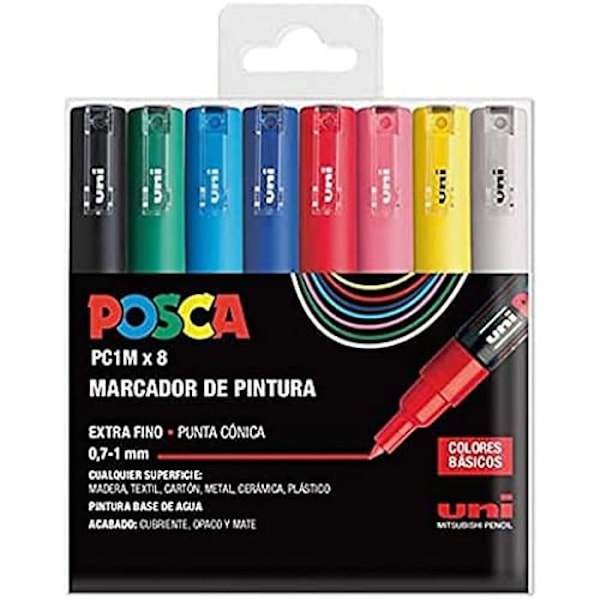 Tussit - UNI-BALL - PC 1M Basic Set - 8 kpl sarja - Hieno kärki 1 mm - Mattapinta - Läpinäkymätön Färg