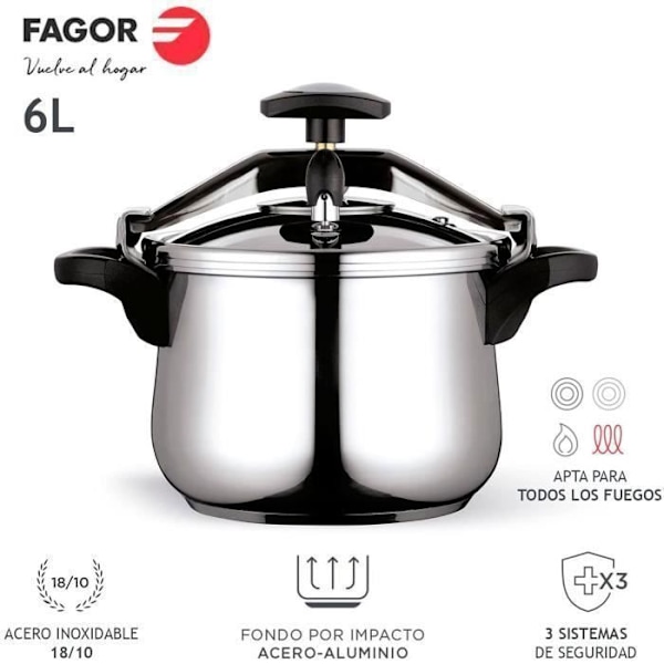 Stigbøjle trykkoger 6 L, induktion, rustfrit stål. 18/10, 3 FAGOR Security Systems Clásica Bombe 6