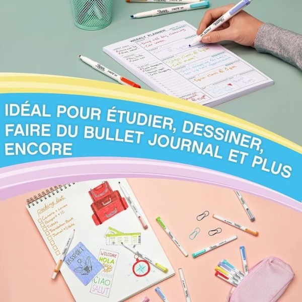 Kreativ marker - SHARPIE - S-NOTE DUO - 8 tuschpennor - Pastellfärger - Spets i droppform och vinklad Icke-fluorescerande pastellfärger