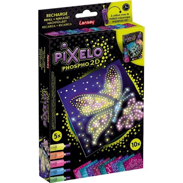 Lataa - LANSAY - Pixelo Phospho 2D - 10 fosforoivaa kuvaa, jotka voi toteuttaa ja tehdä hohtaviksi pimeässä, alkaen 7-vuotiaista. FLERFÄRGAD