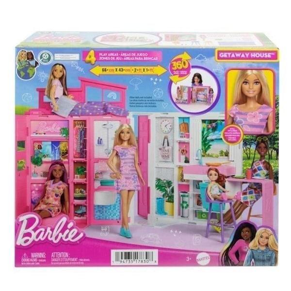 Barbie-Semesterhus-Låda och docka, 4 zoner och 11 tillbehör HRJ77 Flerfärgad