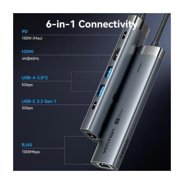 Vention TGNHB USB-C Dockkaus - 1xUSB 3.2 USB-C - 2xUSB - 1xHDMI - 1xRJ45 - 1xUSB-C PD