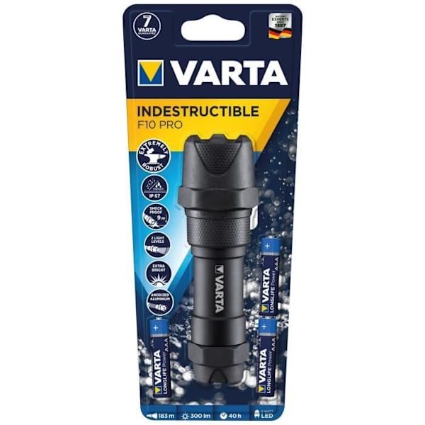 Lommelygte - VARTA - F10 PRO - 300 lm - IP67 - 3 AA-batterier inkluderet Sort