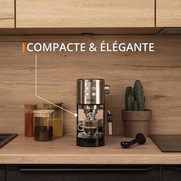 Krups espresso maskine med pumpe, rustfrit stål, kompakt design, automatisk sluk, Thermoblock XP444C10 Rustfrit stål