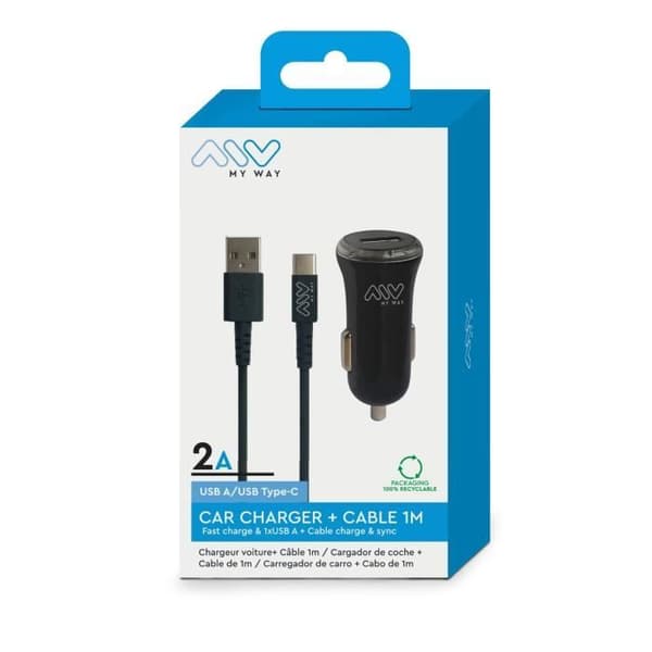 MYWAY PACK 2A BILOPLADER + 1M SORT USB C KABEL Sort