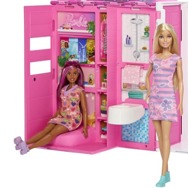 Barbie-lomatalo-laatikko ja nukke, 4 vyöhykettä ja 11 lisätarviketta HRJ77 Flerfärgad
