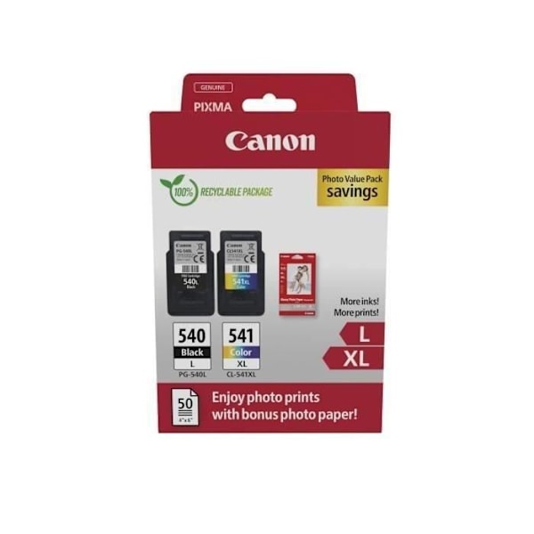 Pakkauksessa 2 mustepatruunaa + valokuvapaperipakkaus - CANON - PG-540L Musta + CL-541XL Väri - Riittoisa