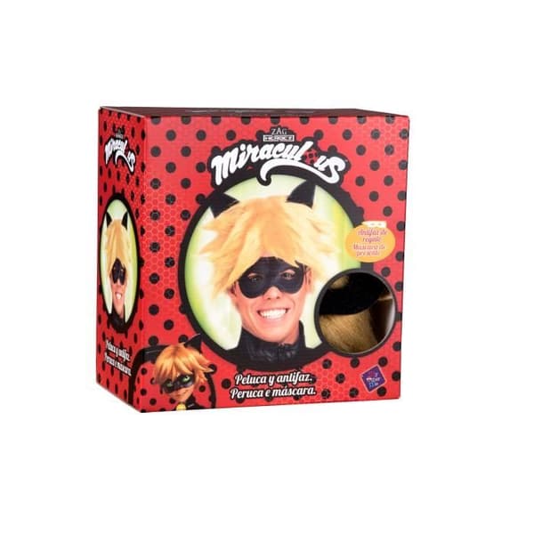 Miraculous Cat Noir paryk og maskeboks til voksne Blond og sort
