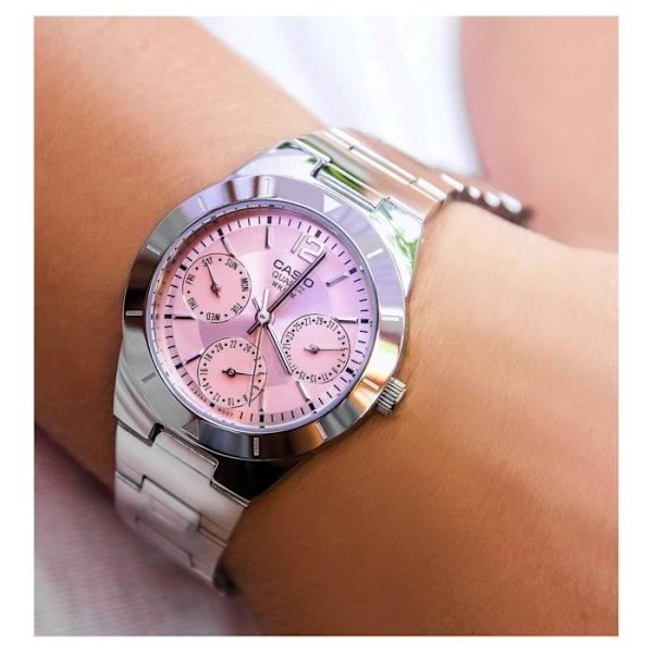 Kello - CASIO - Naiset - Ruostumaton teräs - Vaaleanpunainen kellotaulu - Taitettava lukko Rosa, Vit