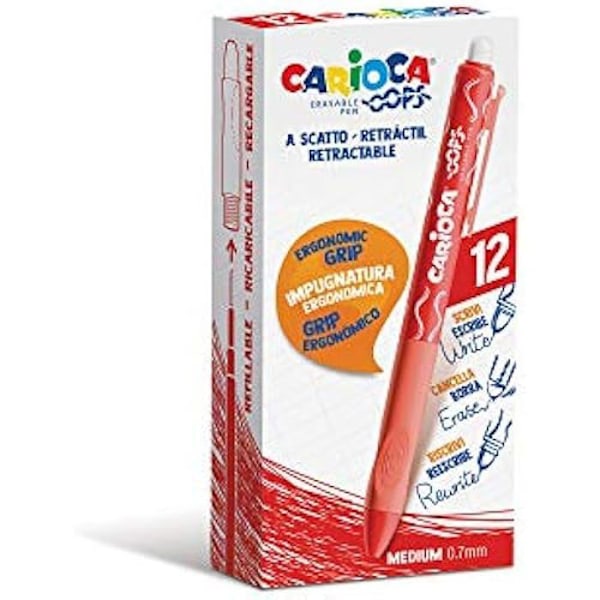 CARIOCA Oops pyyhittävät, täytettävät kuulakärkikynät - 12 kappaleen pakkaus - Lämpöherkkä muste - Ergonominen kahva Röd