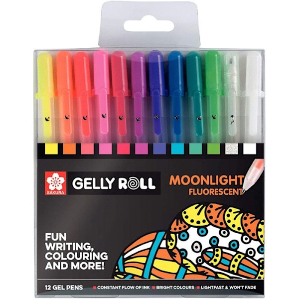 Sæt med 12 gelblyanter - SAKURA - Gelly Roll Moonlight - Fluorescerende - Glitrende - Fin spids Fluorescerende, Glitter