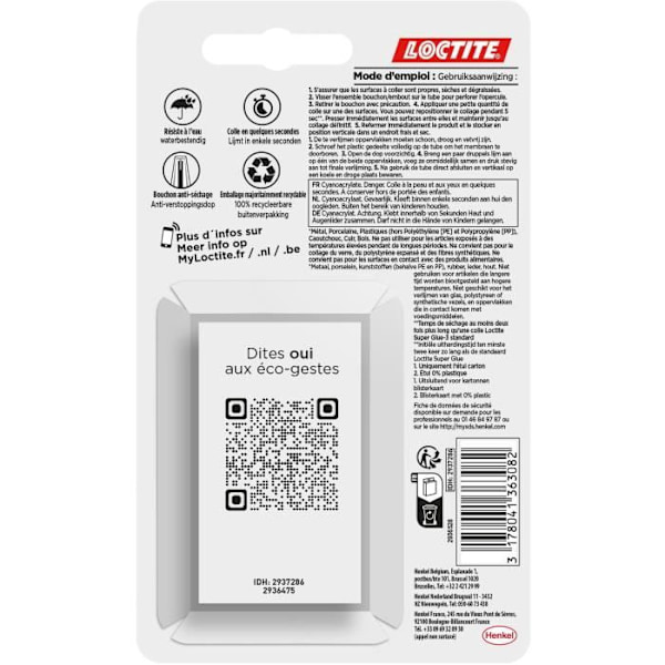 Colles cyanoakrylater - LOCTITE - SUPERGLUE-3 - Repositionerbar - Gel 3g - Pakke med 2 blister - Karton 12 stk.