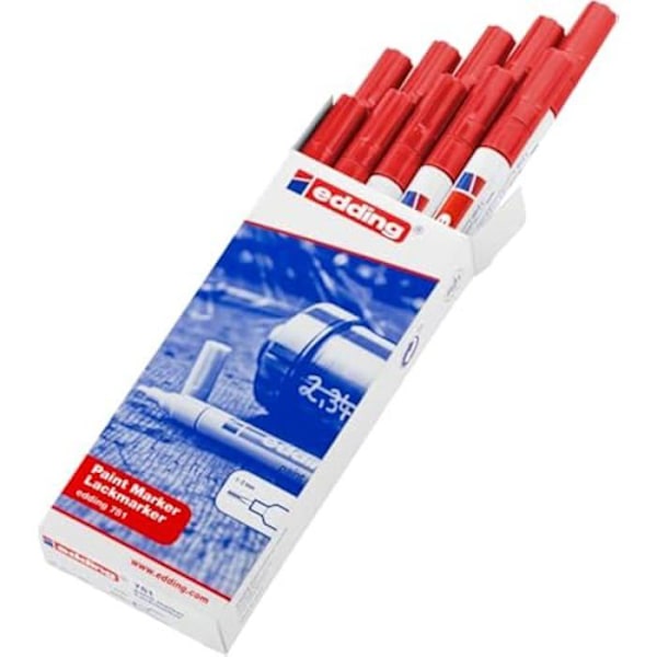 edding 751 maalitussi - Punainen - 10 kynää - Pyöreä kärki 1-2 mm - Metallin, lasin merkitsemiseen Röd