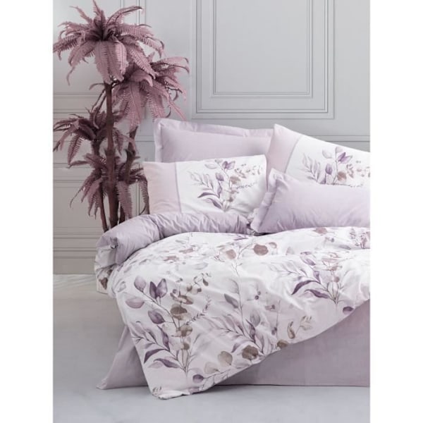 Sängkläder - 1 påslakan 220 x 240 cm + 2 örngott 60 x 60 cm - 100% förstärkt bomull - Lilas Lila och vit