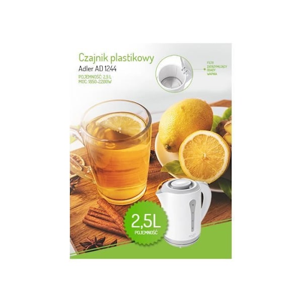 Muovikannu - AD1244 - Valkoinen - 2,5L - 2200W - Valoindikaattori