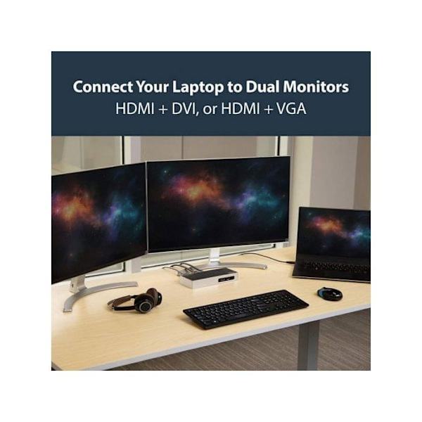 USB 3.0 dockingstation - StarTech.com - DK30ADD - Dobbelt display - HDMI, DVI, VGA - Kompakt
